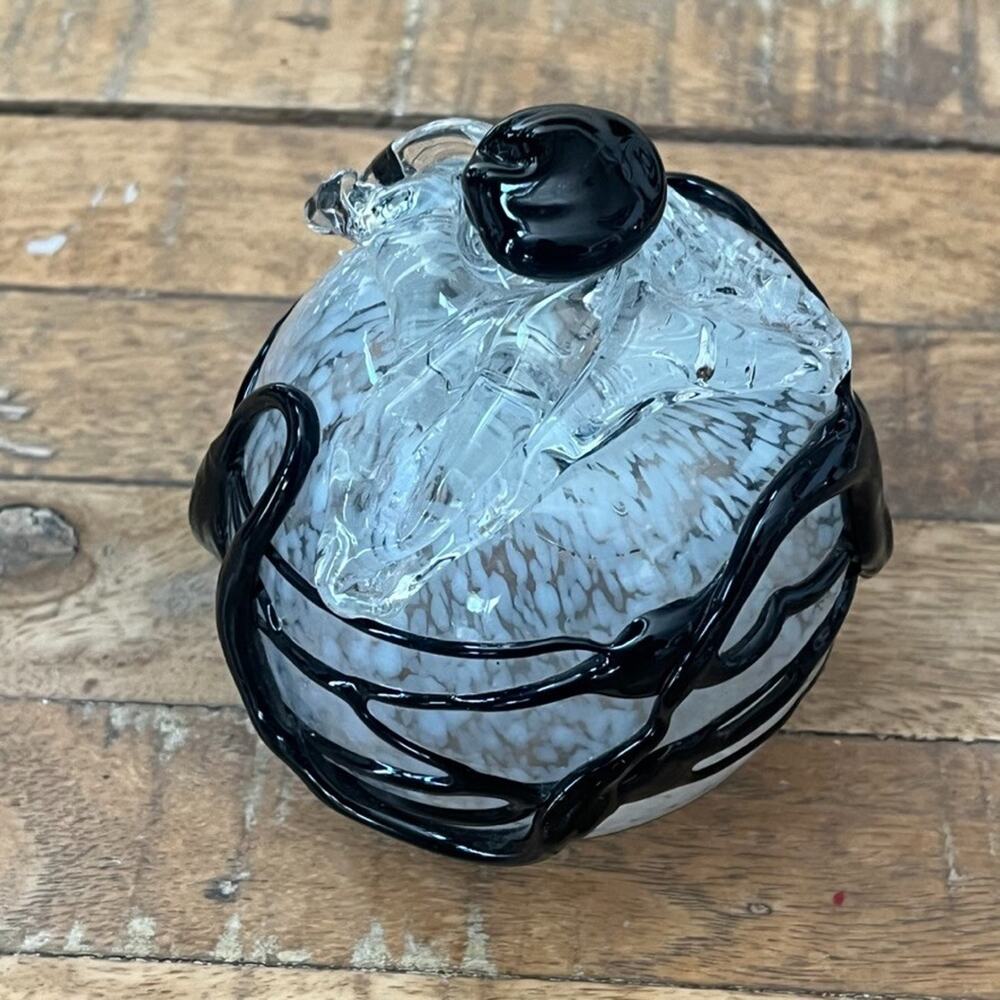 Hand-Blown Art Glass Clear Abstract Sculpture Black Drip Glass 5.5" - Picture 5 of 8